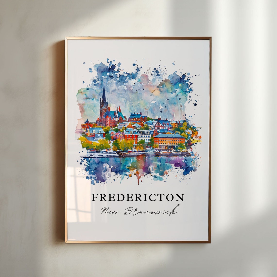 Fredericton New Brunswick Watercolor City Spire Waterfront Poster