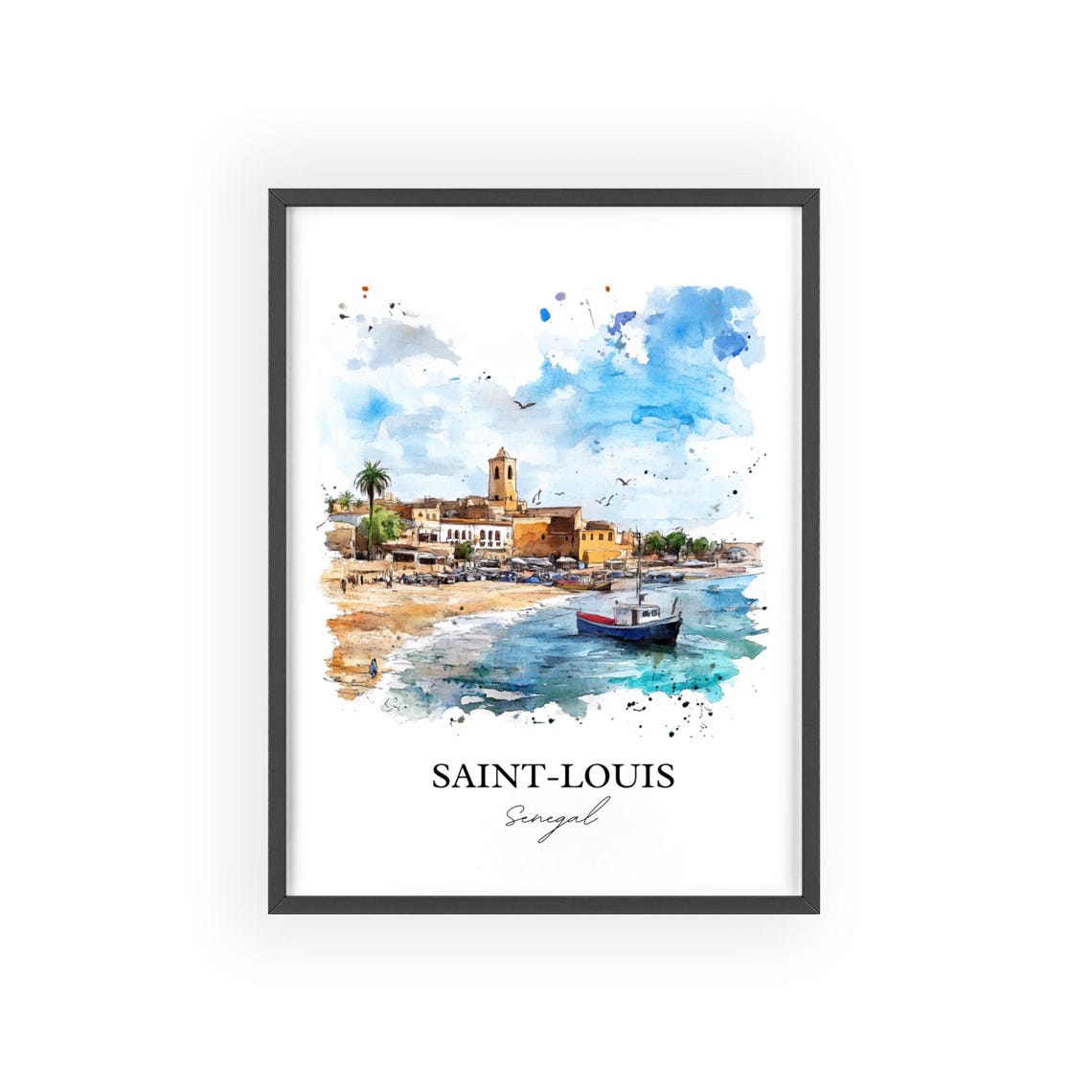 Saint Louis Senegal Beach Fishing Boats Watercolor Art Poster - Image 2