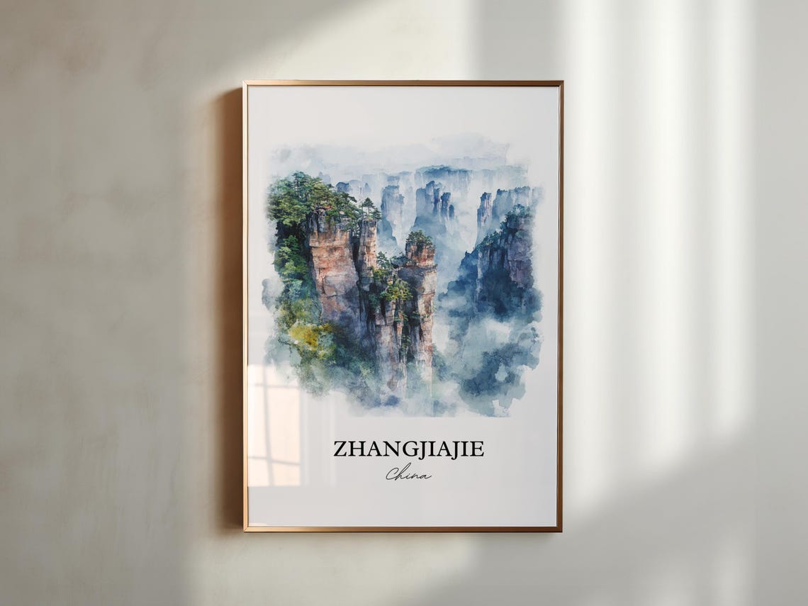 Zhangjiajie China Watercolor Sandstone Pillars Misty Peaks Poster - Image 5