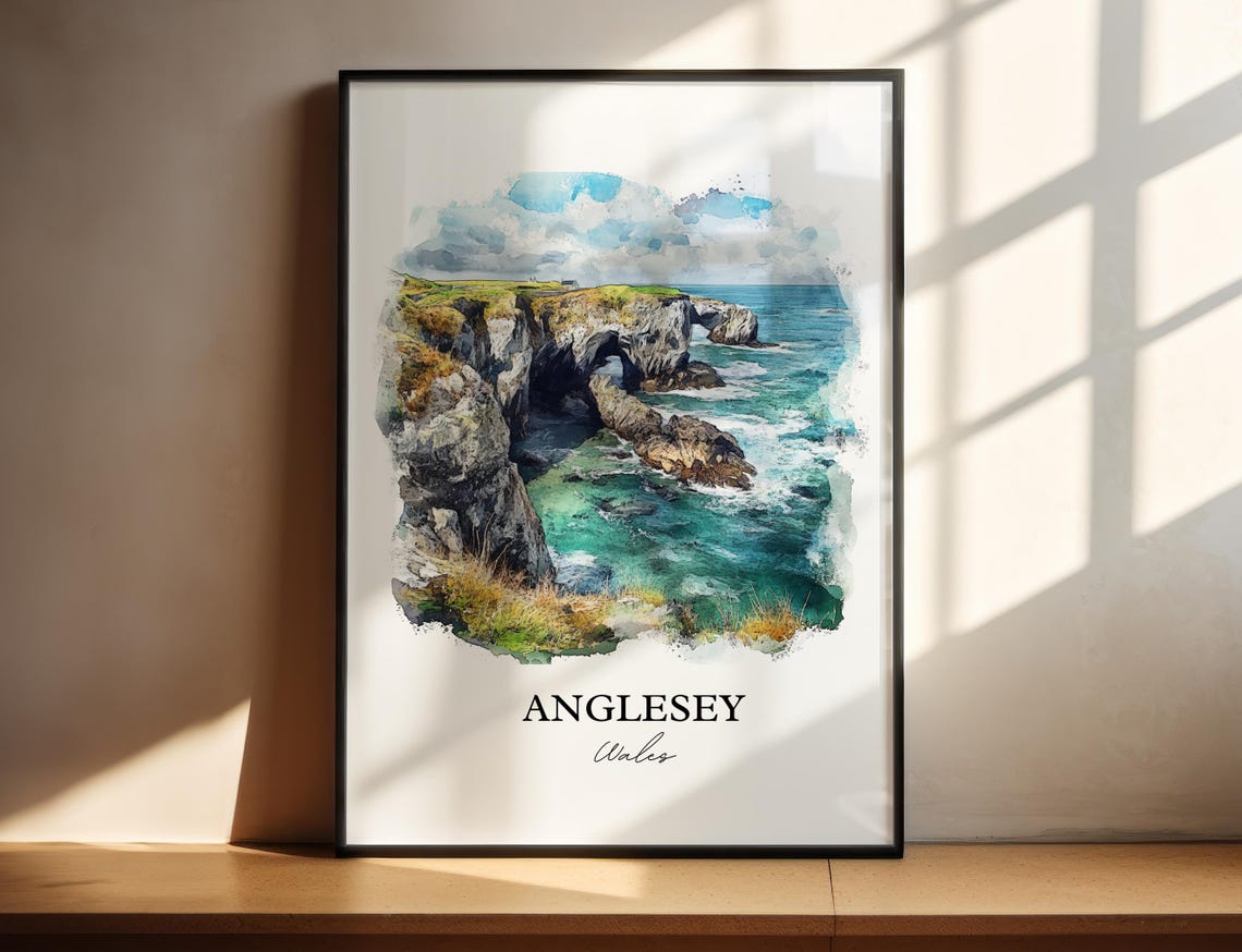 Anglesey Wales Rocky Sea Cliffs Watercolor Coastal Landscape Poster