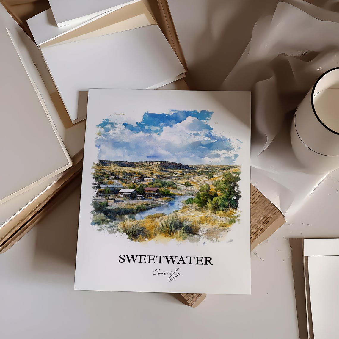 Sweetwater County Wyoming Watercolor Desert Town River Bluffs Poster - Image 3