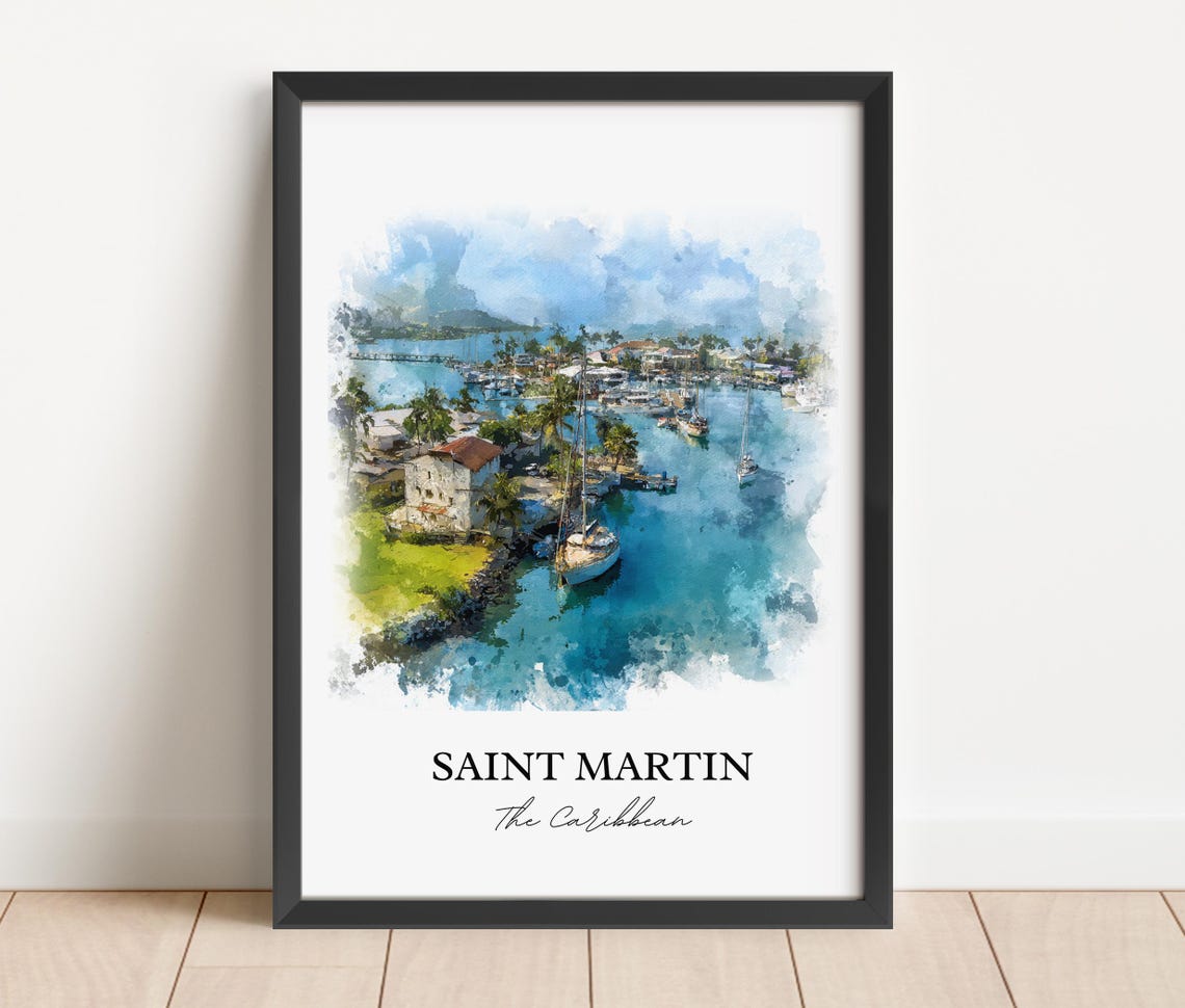 Saint Martin Caribbean Watercolor Sailboat Harbor Art Poster - Image 4