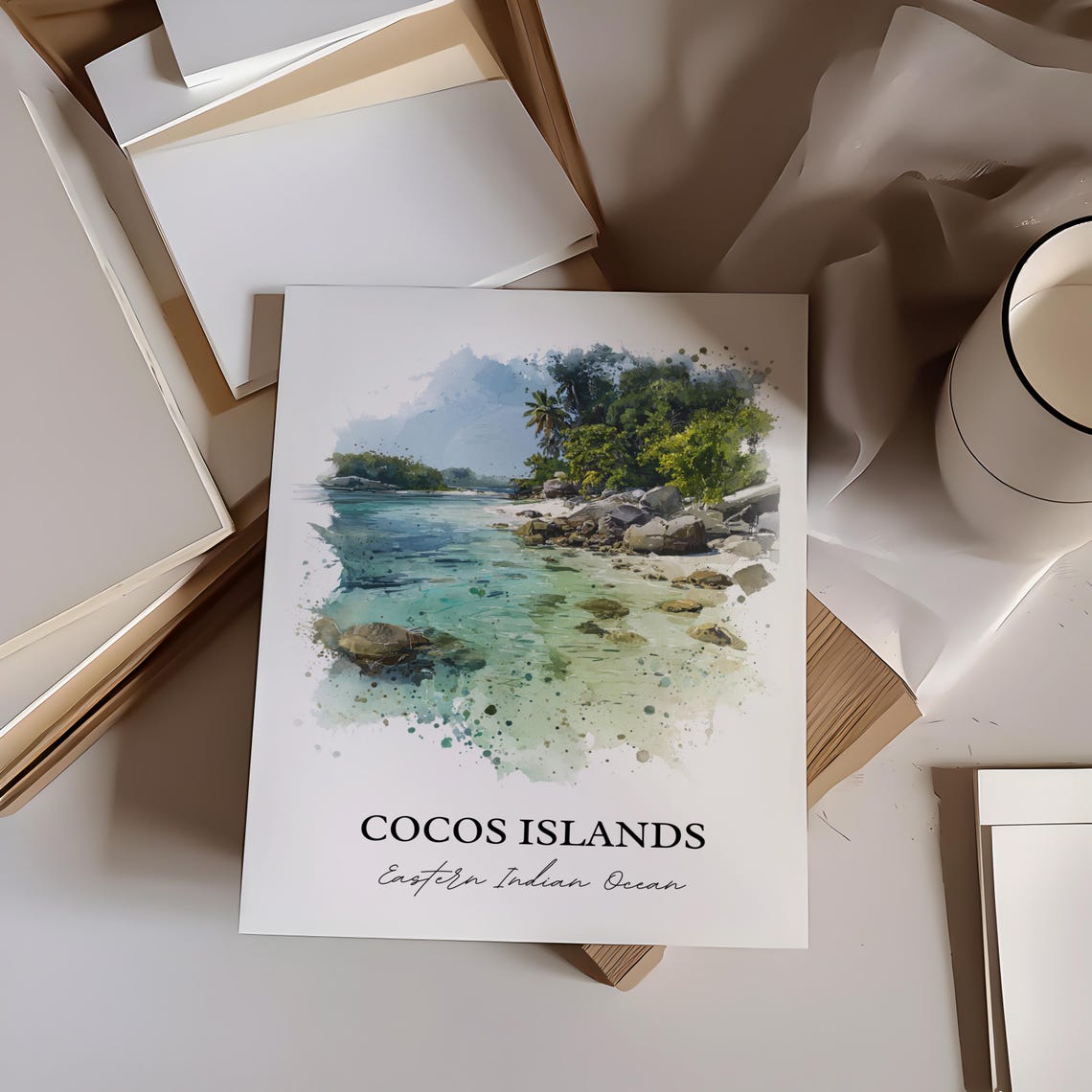 Cocos Islands Eastern Indian Ocean Palm Shore Watercolor Poster - Image 2