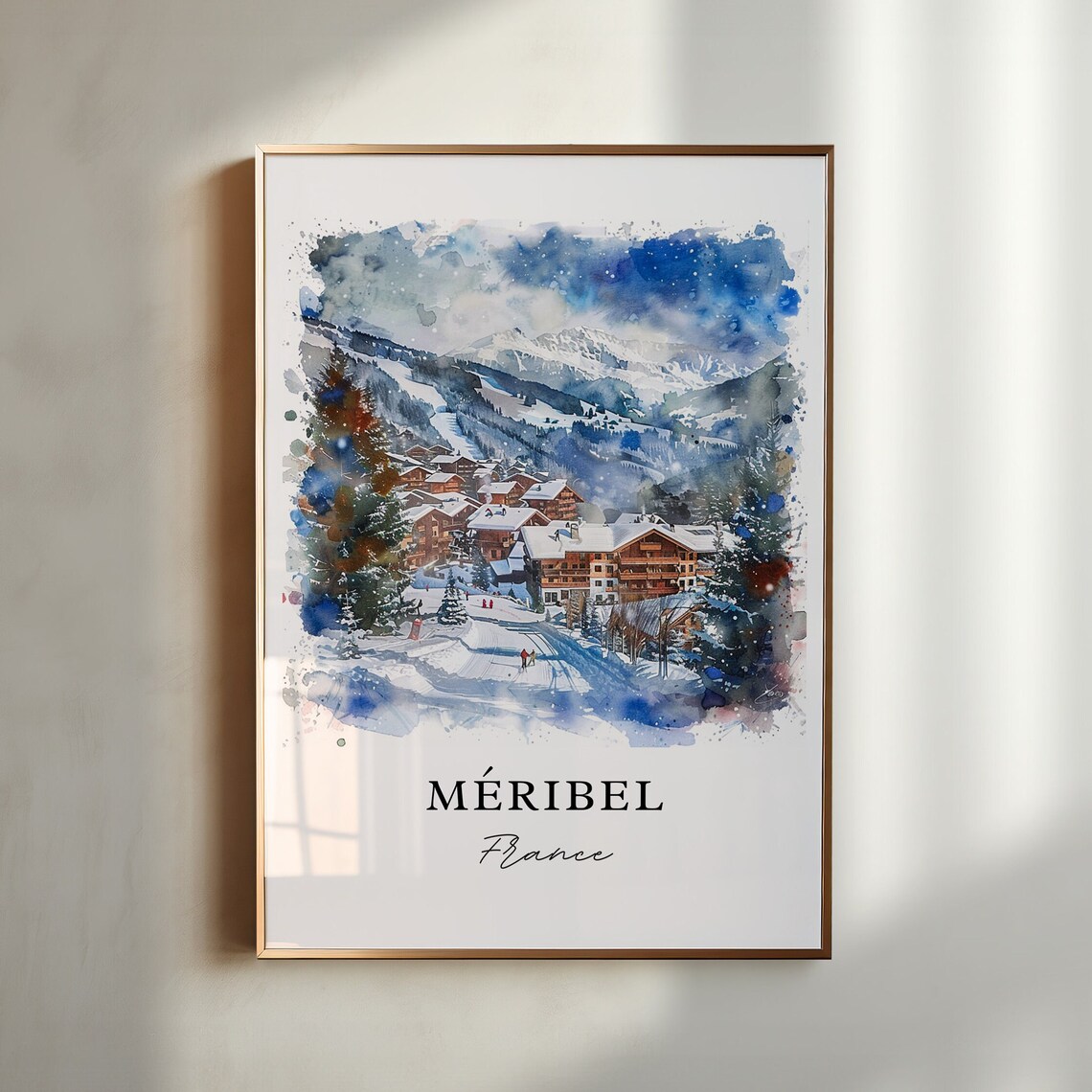 Meribel France Watercolor Ski Resort Village Snowy Slopes Poster