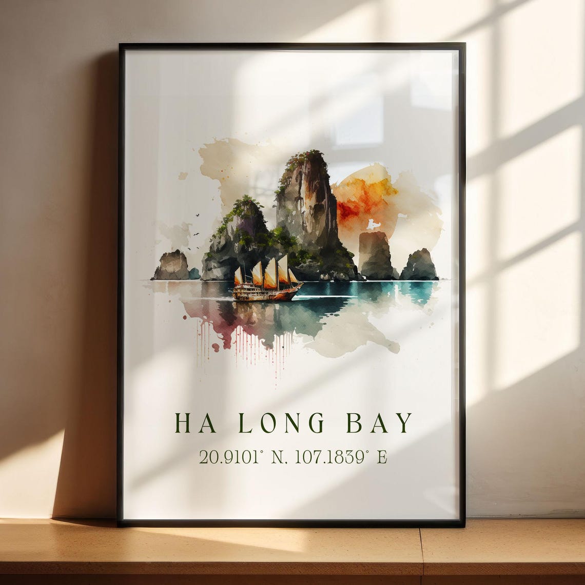 Ha Long Bay Vietnam Watercolor Karsts Sailboat Coordinates Poster - Image 5