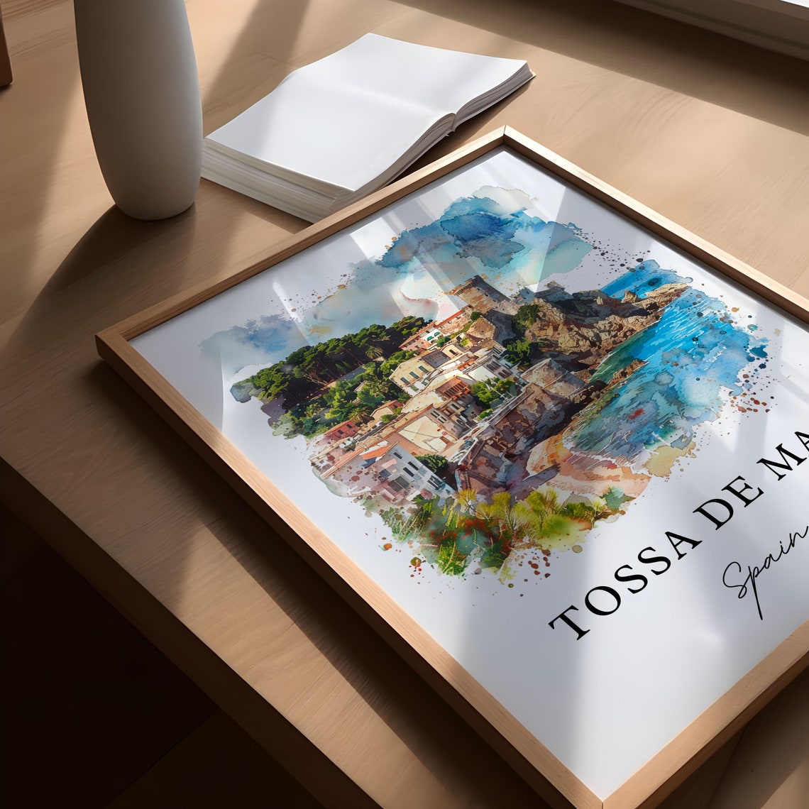 Tossa de Mar Spain Medieval Tower Coastal Watercolor Beach Poster - Image 5