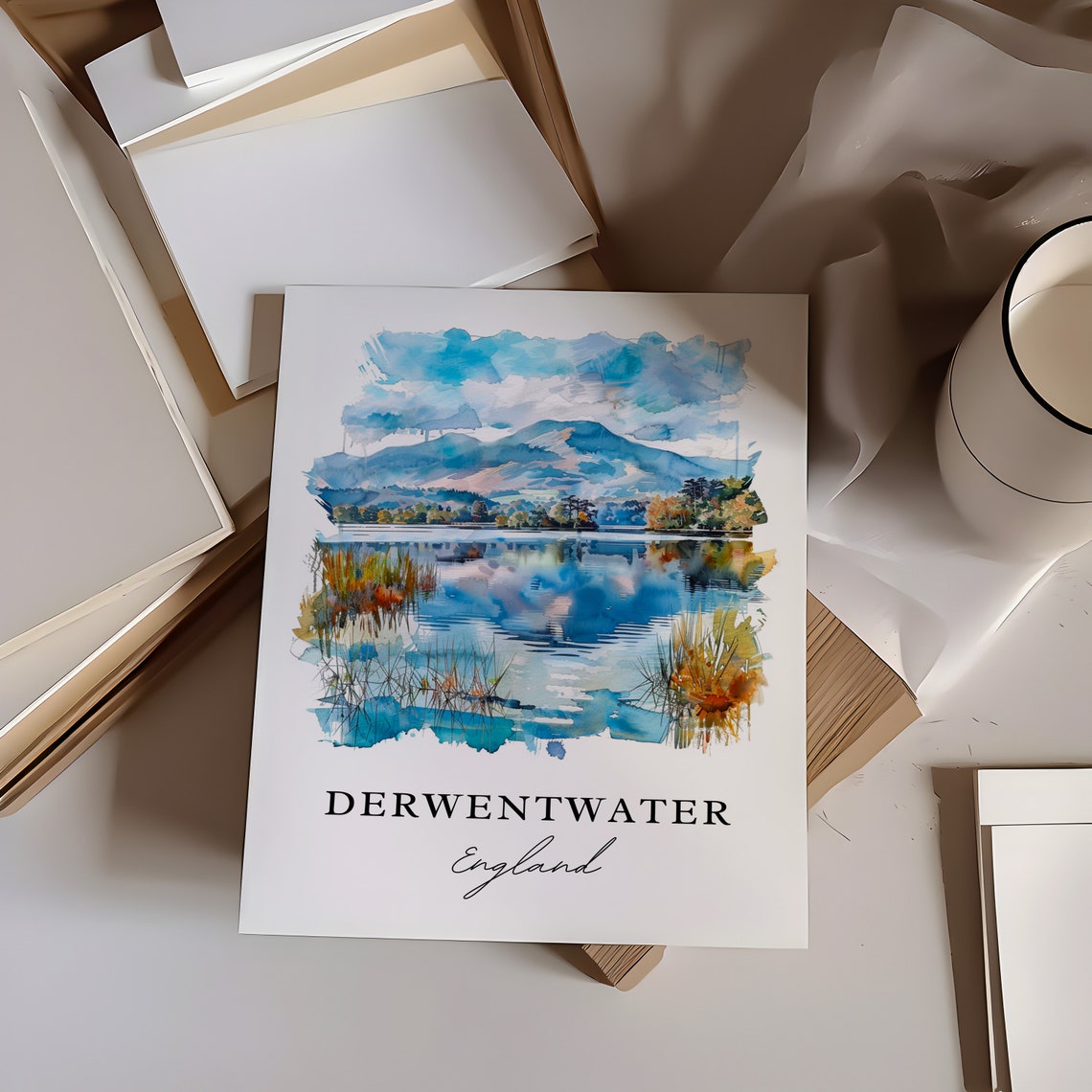 Derwentwater England Watercolor Lake Mountain Reflection Poster - Image 6