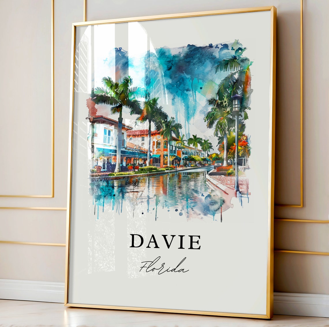 Davie Florida Watercolor Waterfront Promenade Palm Trees Poster - Image 3