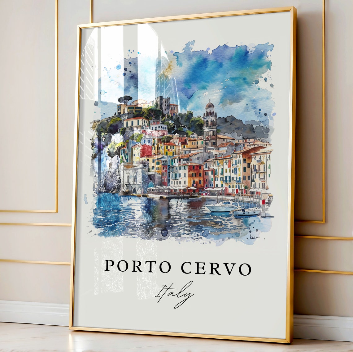 Porto Cervo Italy Coastal Town Watercolor Minimalist Travel Poster - Image 4
