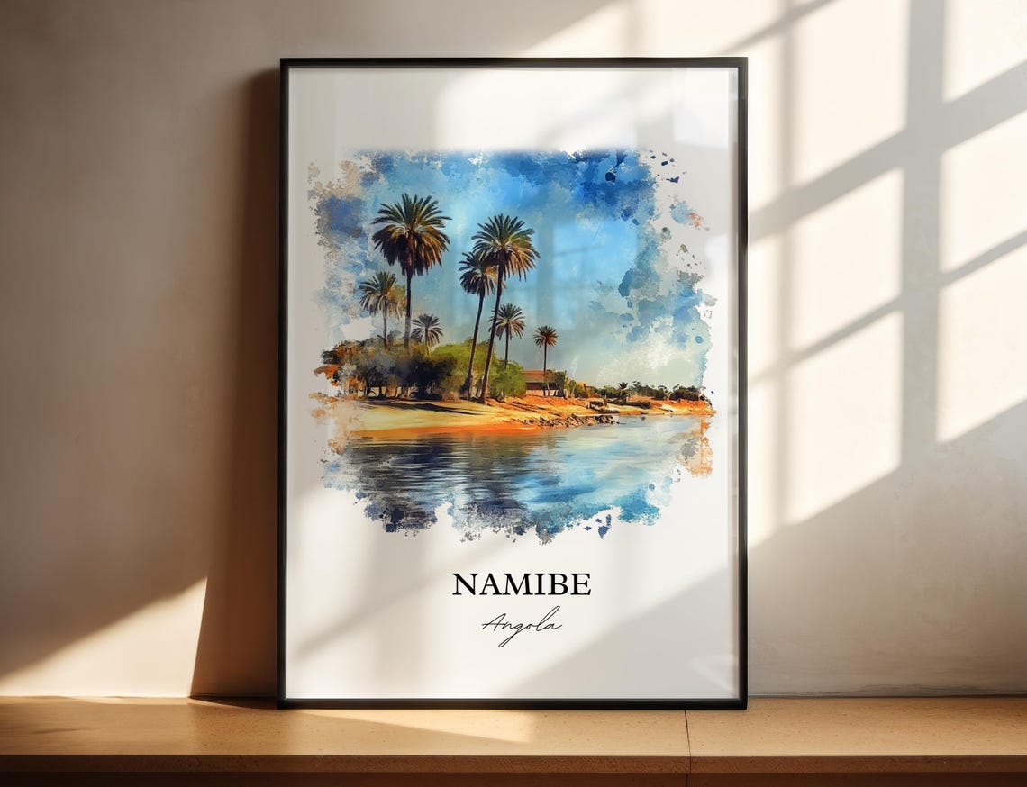 Namibe Angola Palm Trees Waterfront Oasis Watercolor Travel Poster