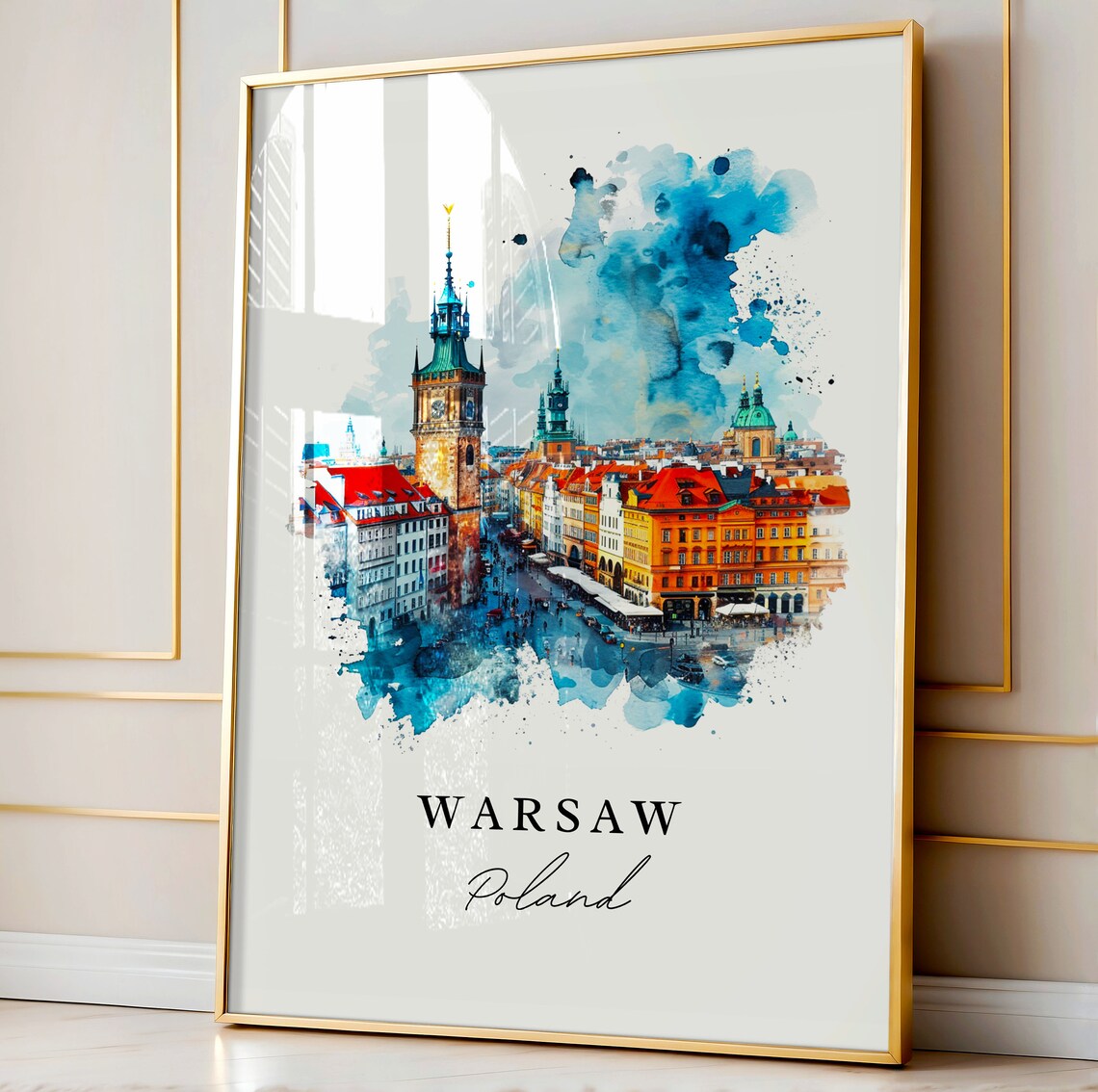 Warsaw Poland Colorful Old Town Square Watercolor Travel Poster - Image 4