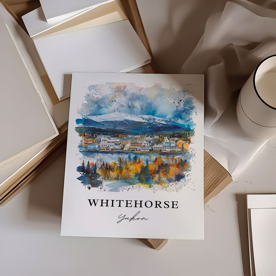 Whitehorse Yukon Canada Town River Snowy Mountains Watercolor Poster - Image 6