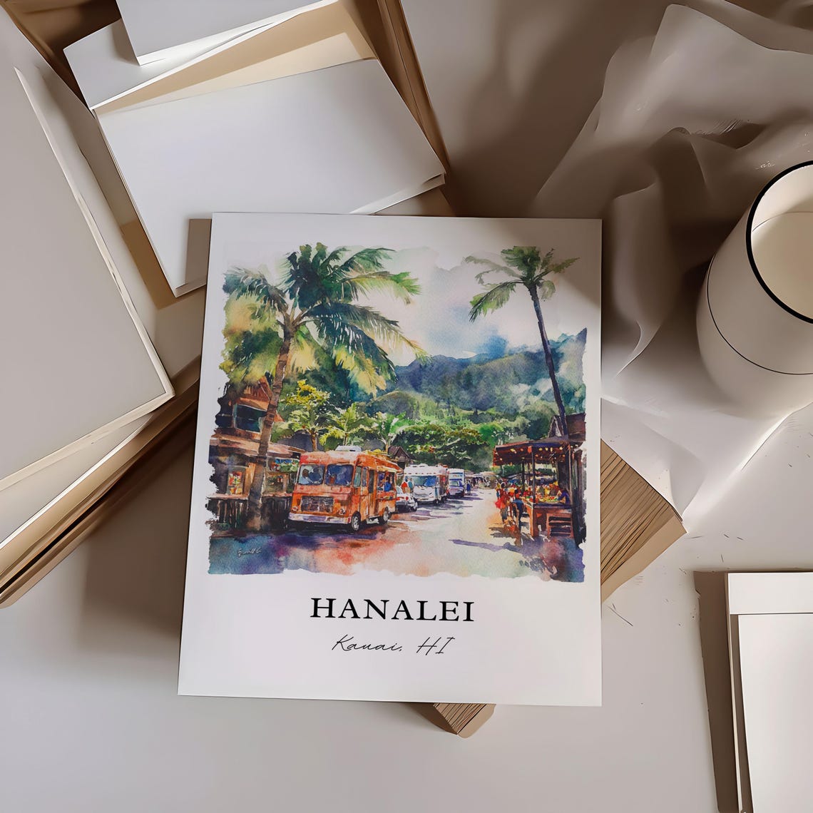 Hanalei Kauai Hawaii Palm Trees Street Watercolor Travel Poster - Image 5