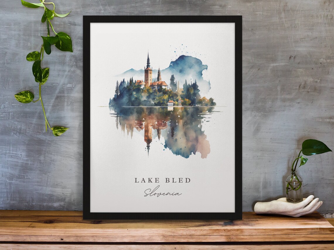 Lake Bled Slovenia Island Church Reflection Watercolor Scenic Poster