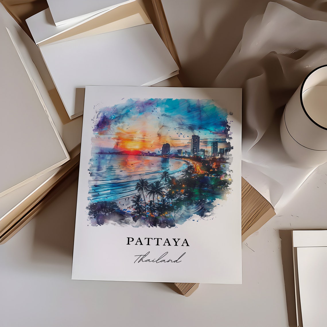 Pattaya Thailand Beach Sunset Watercolor Cityscape Skyline Poster - Image 6