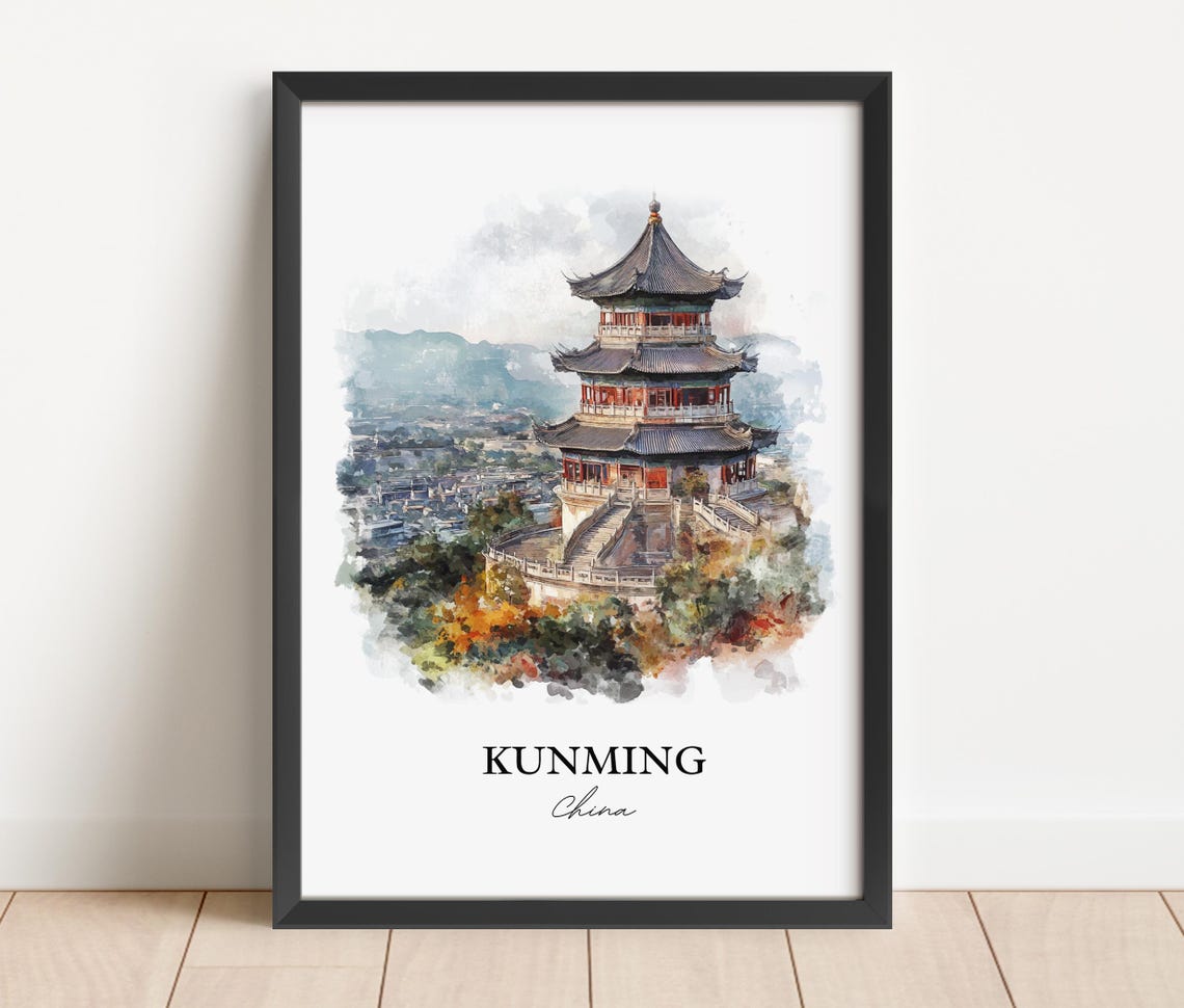 Kunming China Watercolor Pagoda Hills City Skyline View Poster - Image 3