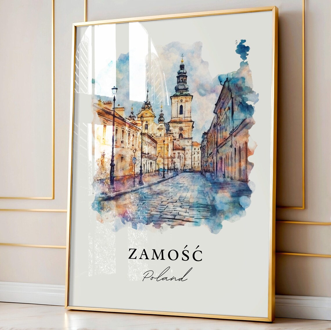 Zamosc Poland Historic Old Town Cobblestone Street Watercolor Poster - Image 4
