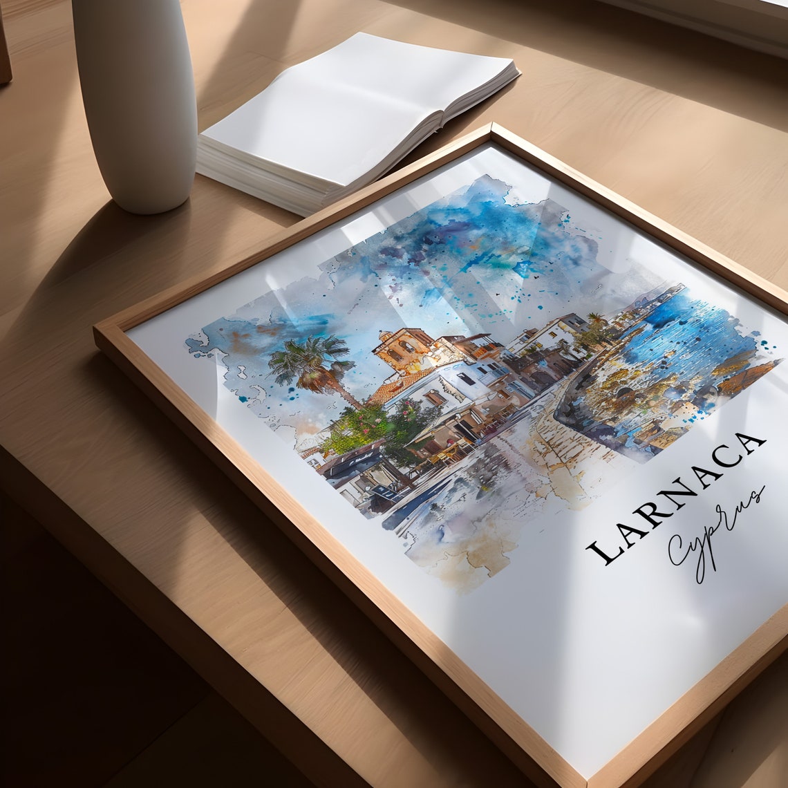 Larnaca Cyprus Sunny Seafront Promenade Watercolor Travel Poster - Image 6