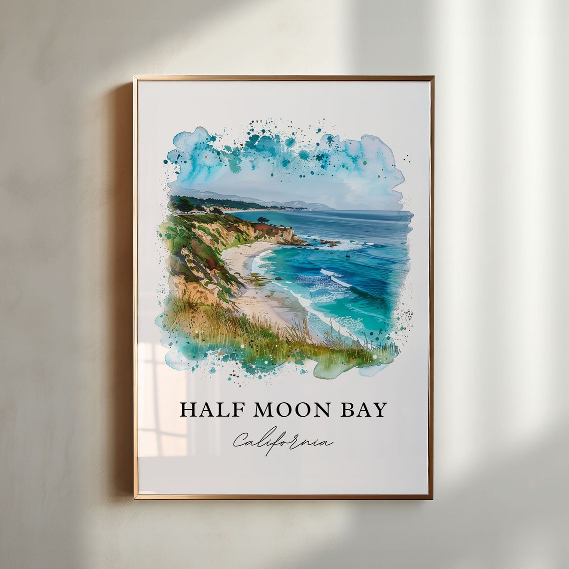 Half Moon Bay California Crescent Beach Watercolor Print Home Decor