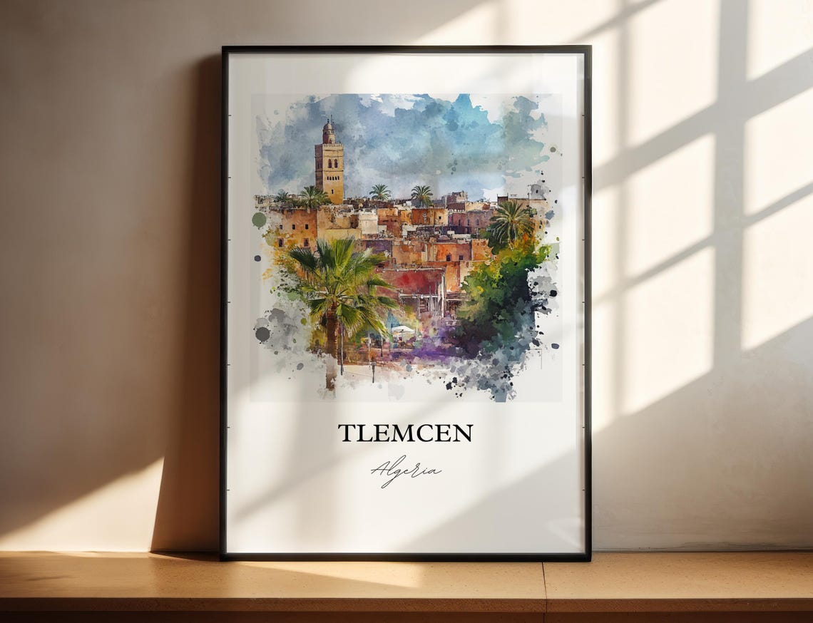 Tlemcen Algeria Moorish Old Town Minaret Watercolor Travel Poster