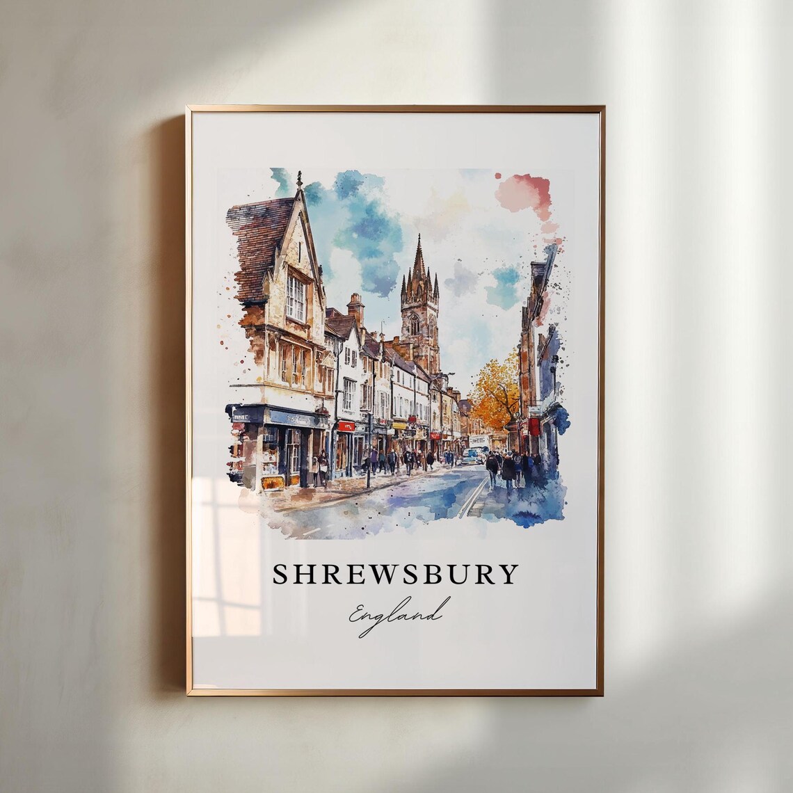Shrewsbury England Historic High Street Watercolor Travel Poster