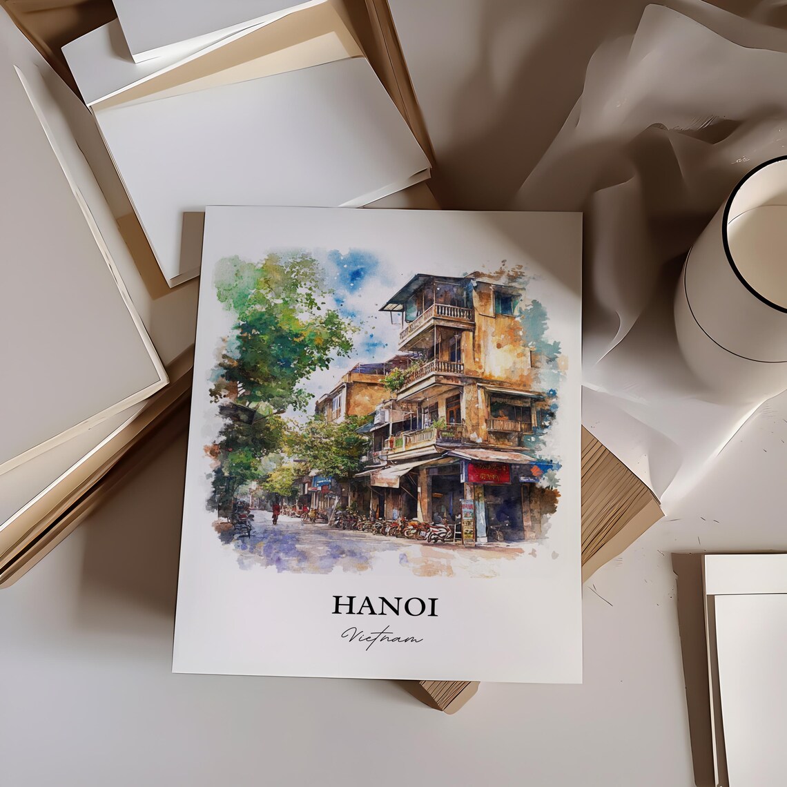 Hanoi Vietnam Old Quarter Street Scene Watercolor Travel Poster - Image 3