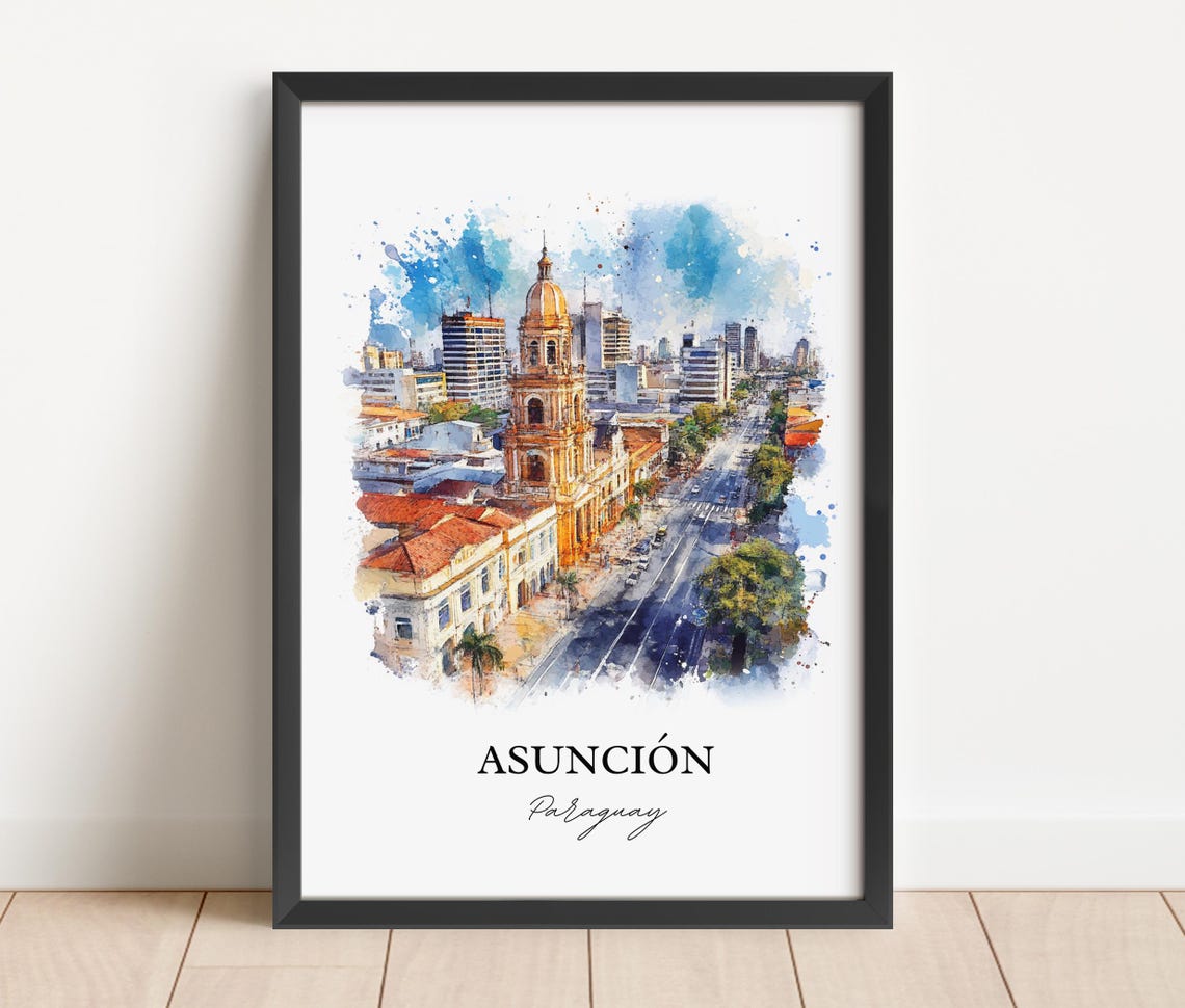 Asuncion Paraguay Watercolor City Skyline Cathedral View Poster