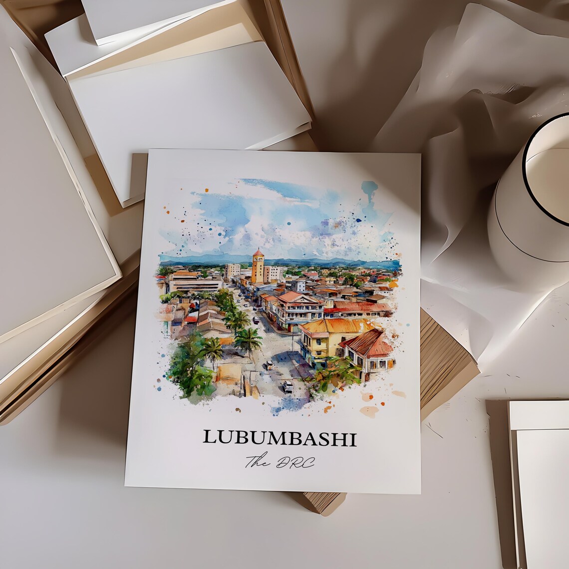 Lubumbashi Congo Watercolor City Clock Tower Gift Art Poster - Image 3
