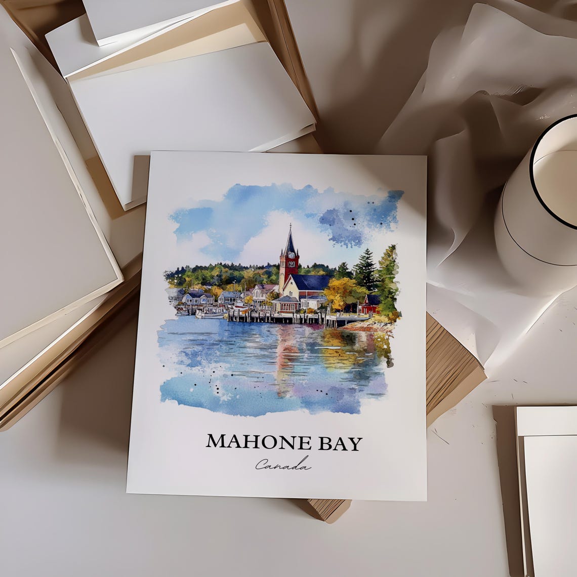 Mahone Bay Nova Scotia Harbor Church Steeple Watercolor Poster - Image 2