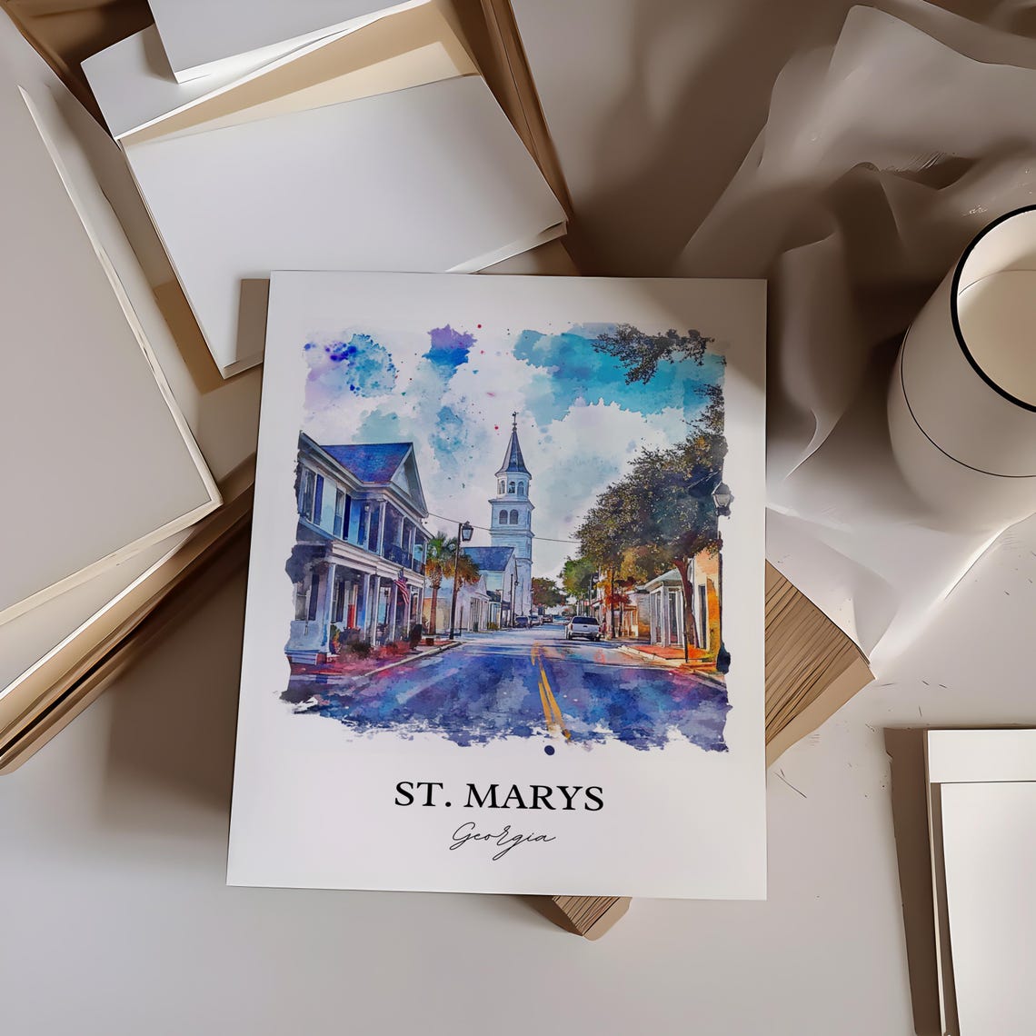 St Marys Georgia Steeple Main Street Watercolor Travel Gift Poster - Image 3