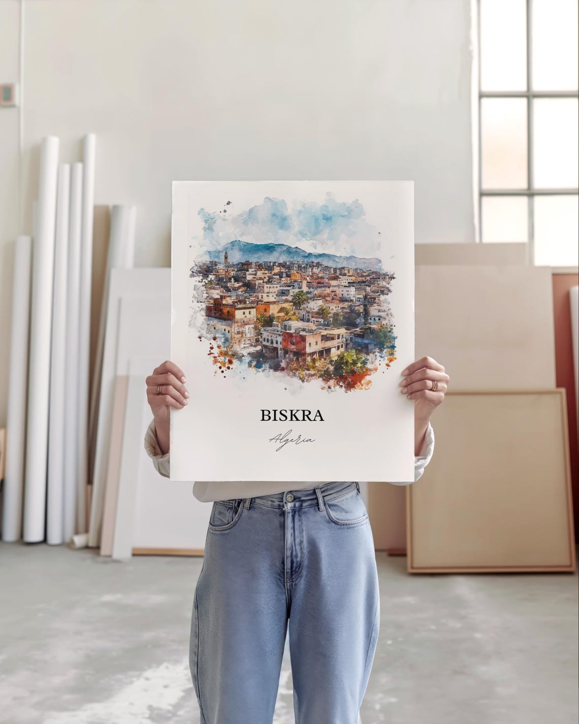 Biskra Algeria Desert Gateway City Mountain View Watercolor Poster - Image 2