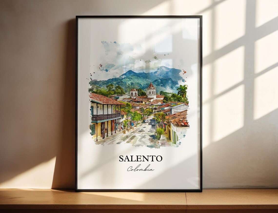 Salento Colombia Watercolor Colonial Street Church Travel Poster