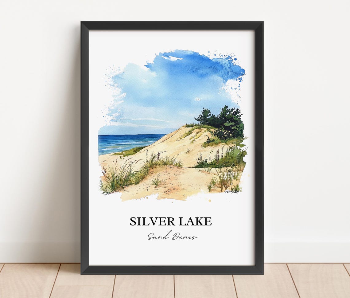 Silver Lake Sand Dunes Watercolor Beach Dune Scene Art Poster - Image 4