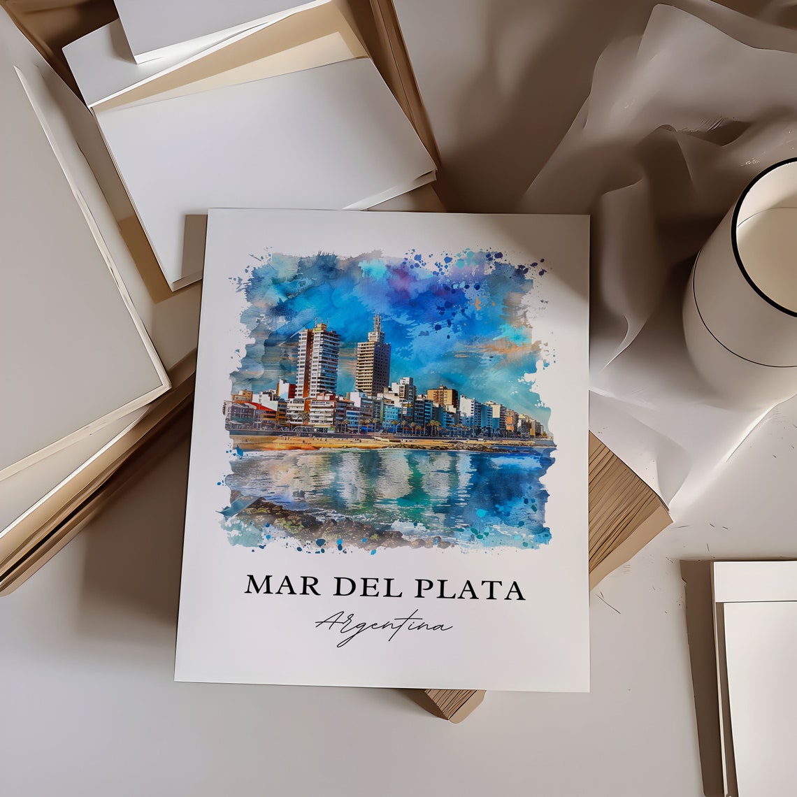 Mar del Plata Argentina Beachfront Towers Shore Watercolor Poster - Image 6