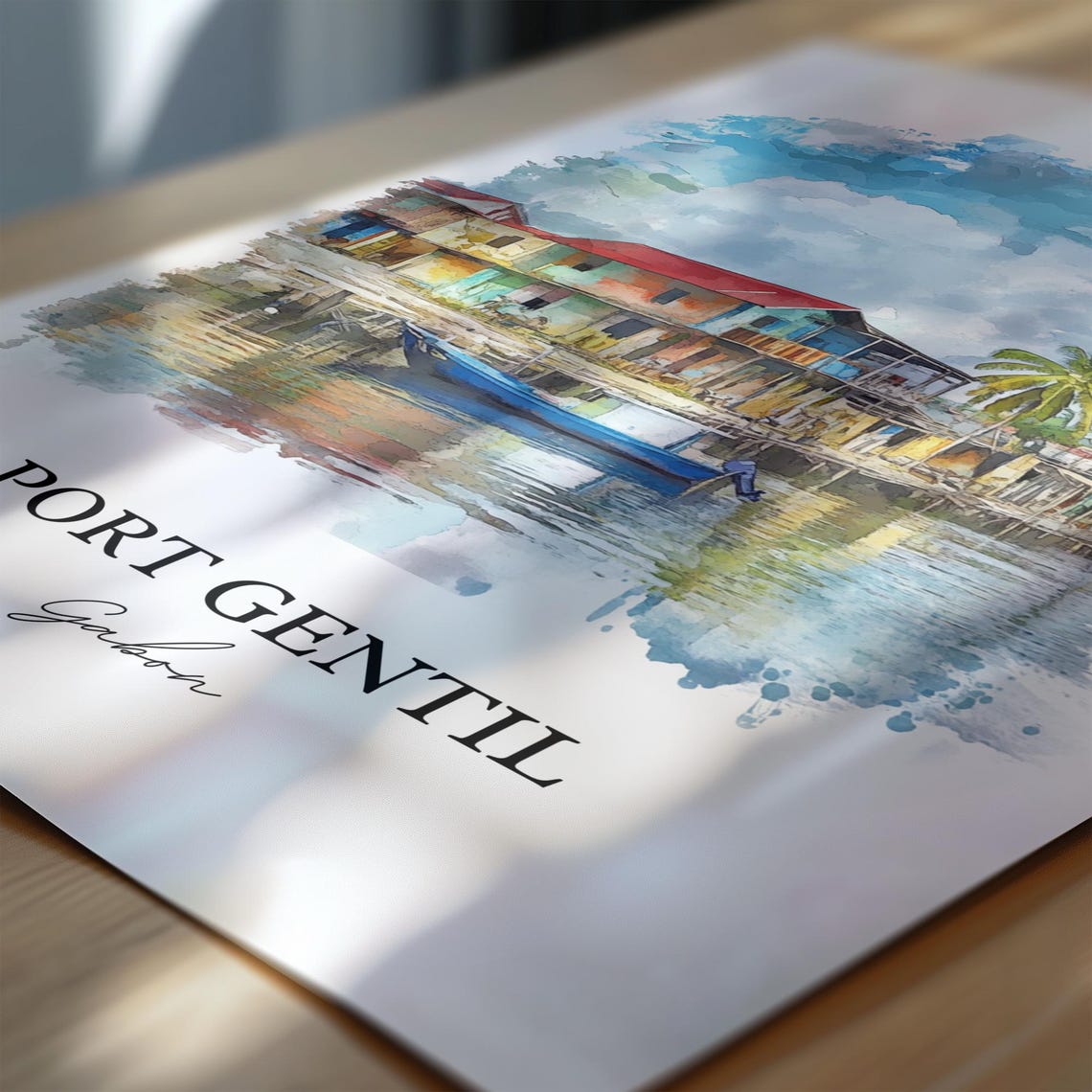 Port Gentil Gabon Waterfront Stilt Houses Watercolor Art Poster - Image 7
