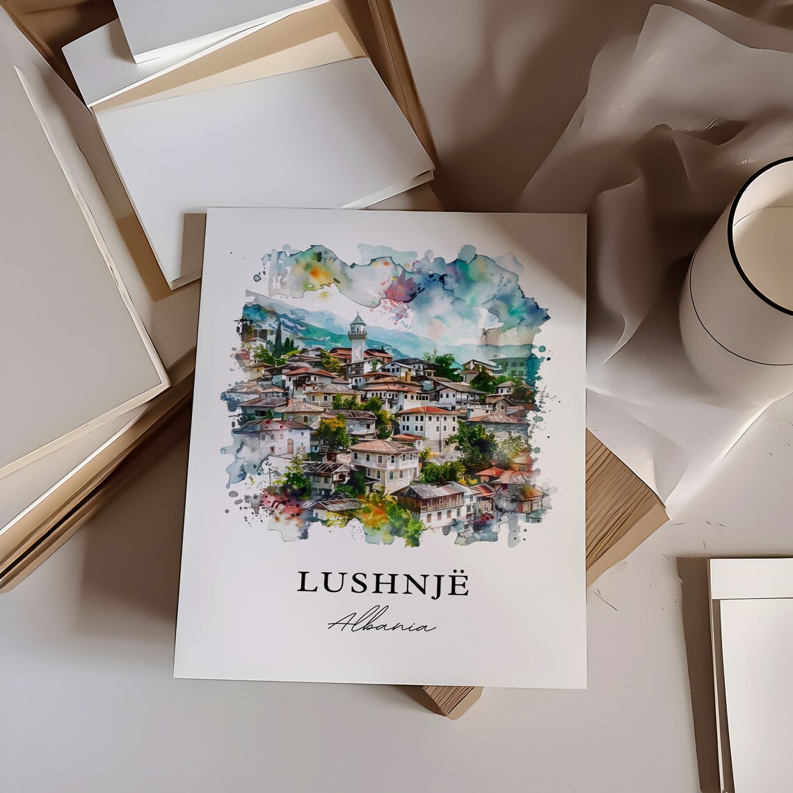 Lushnje Albania Hillside Old Town Charming Watercolor Travel Poster - Image 6