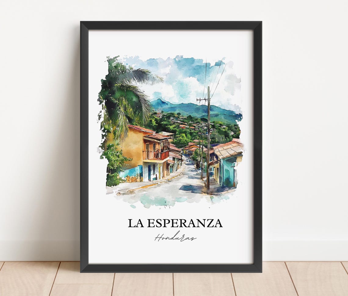 La Esperanza Honduras Palm Lined Street Mountains Watercolor Poster - Image 3