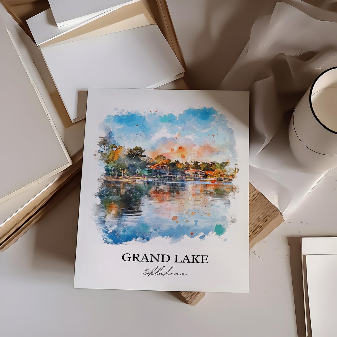Grand Lake Oklahoma Sunset Lakeshore Cabins Watercolor Poster - Image 3