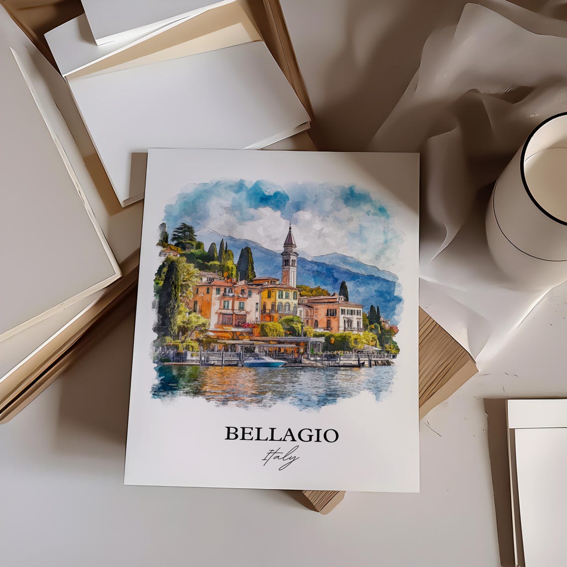 Bellagio Italy Lake Como Waterfront Village Watercolor Travel Poster - Image 5