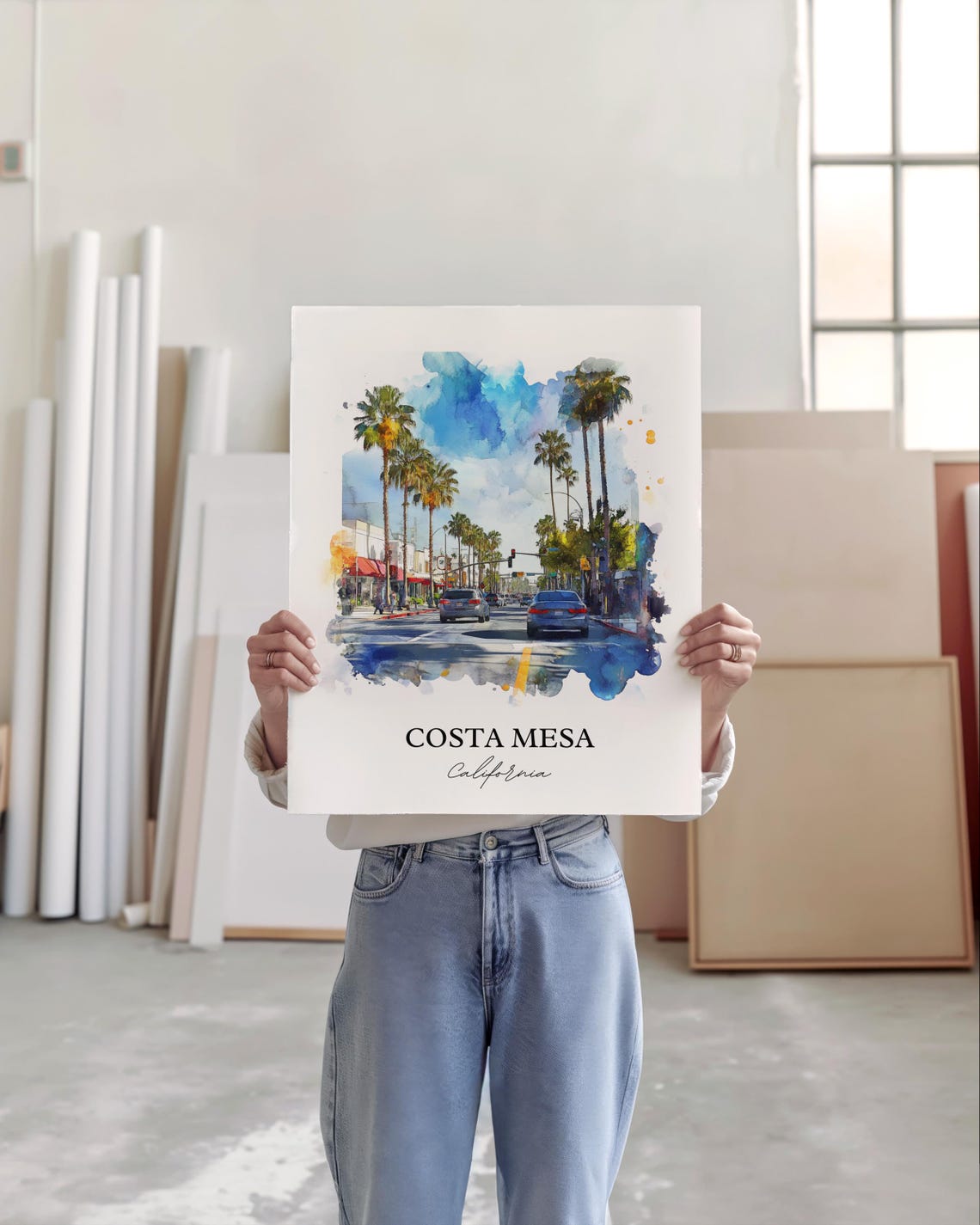 Costa Mesa California Sunny Palm Lined Street Blue Sky Poster - Image 4