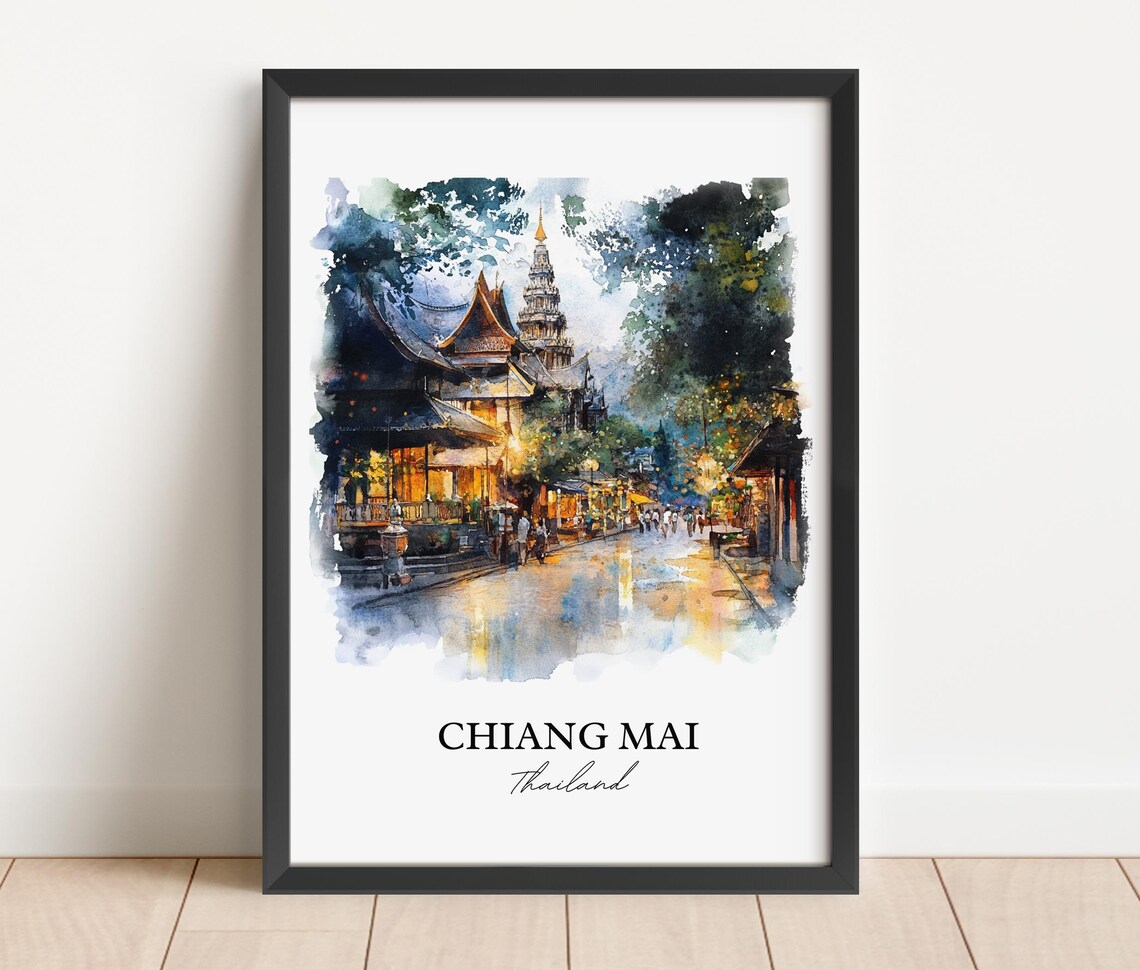 Chiang Mai Thailand Night Street Temple Watercolor Travel Poster - Image 4