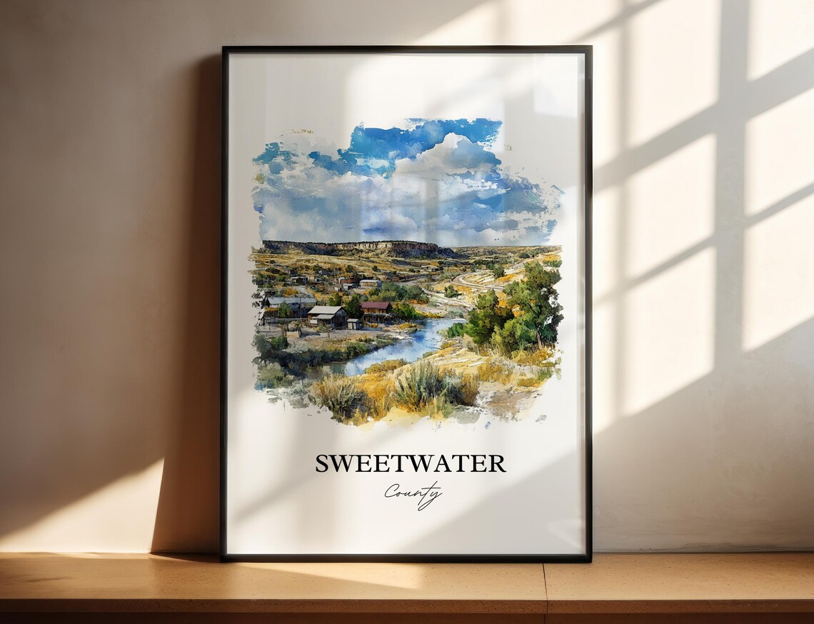 Sweetwater County Wyoming Watercolor Desert Town River Bluffs Poster