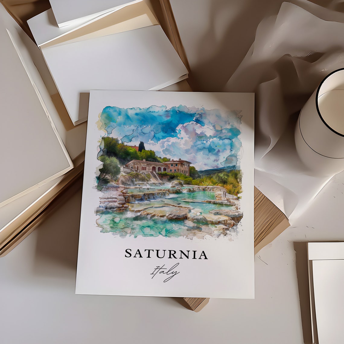 Saturnia Italy Watercolor Thermal Springs Travertine Pools Poster - Image 6