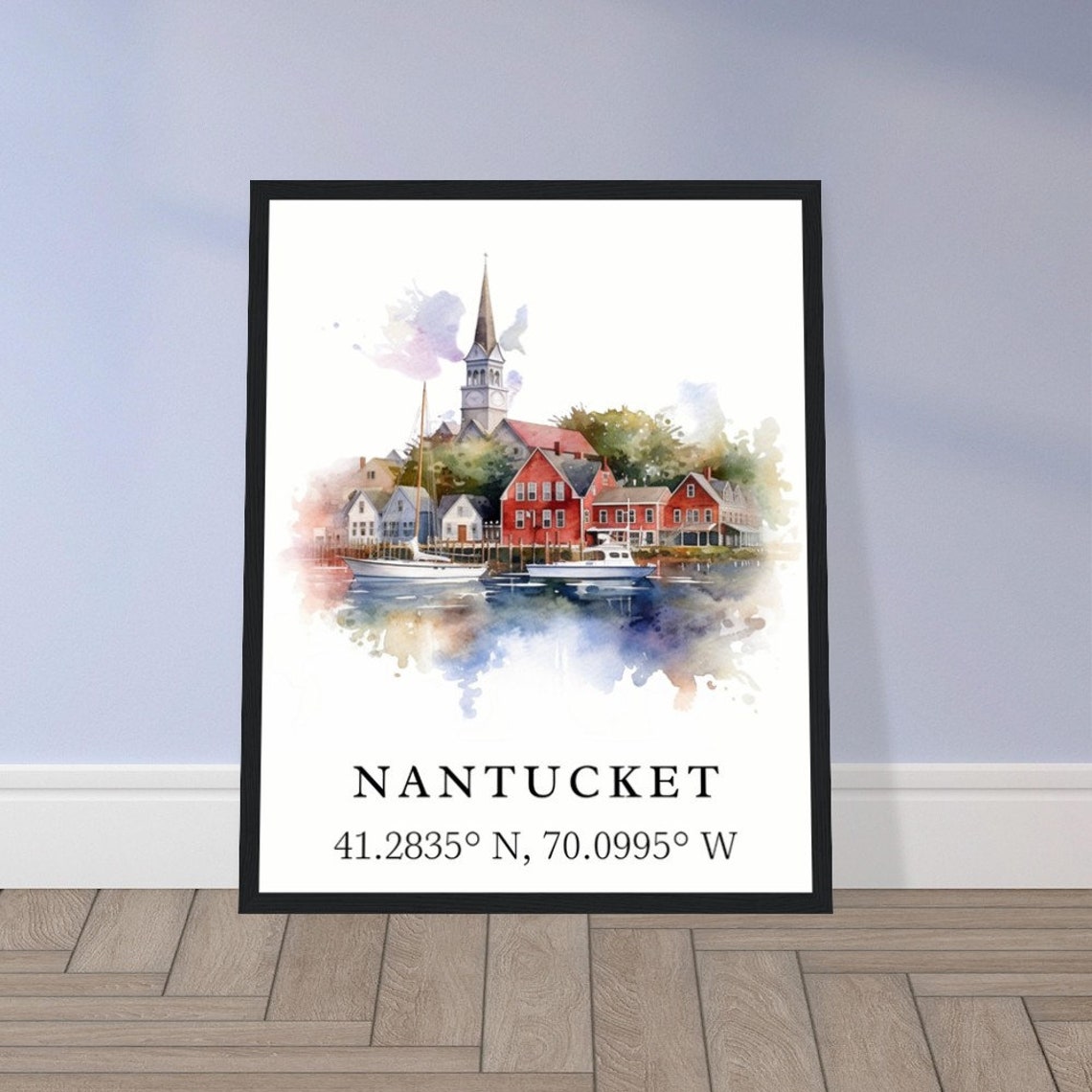 Nantucket Harbor Boats Coordinates Watercolor Travel Art Print