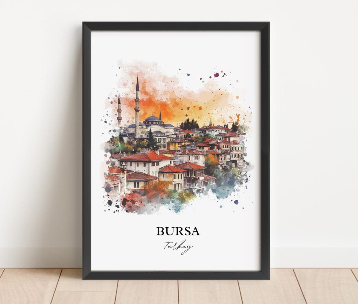 Bursa Turkey Watercolor Old Town Mosque Skyline Travel Poster - Image 3