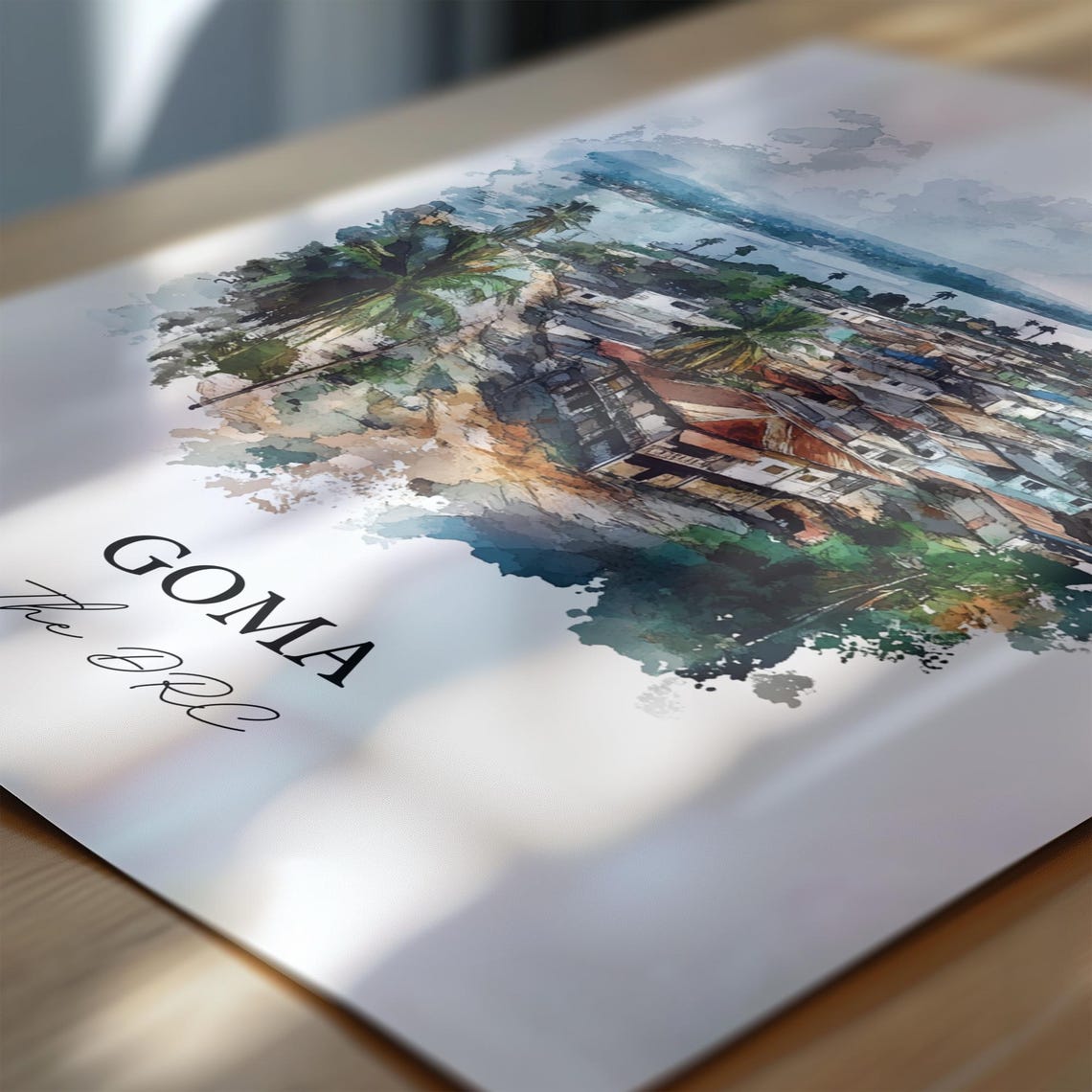 Goma Congo Watercolor Cityscape Lakeside Town Gift Art Poster - Image 7