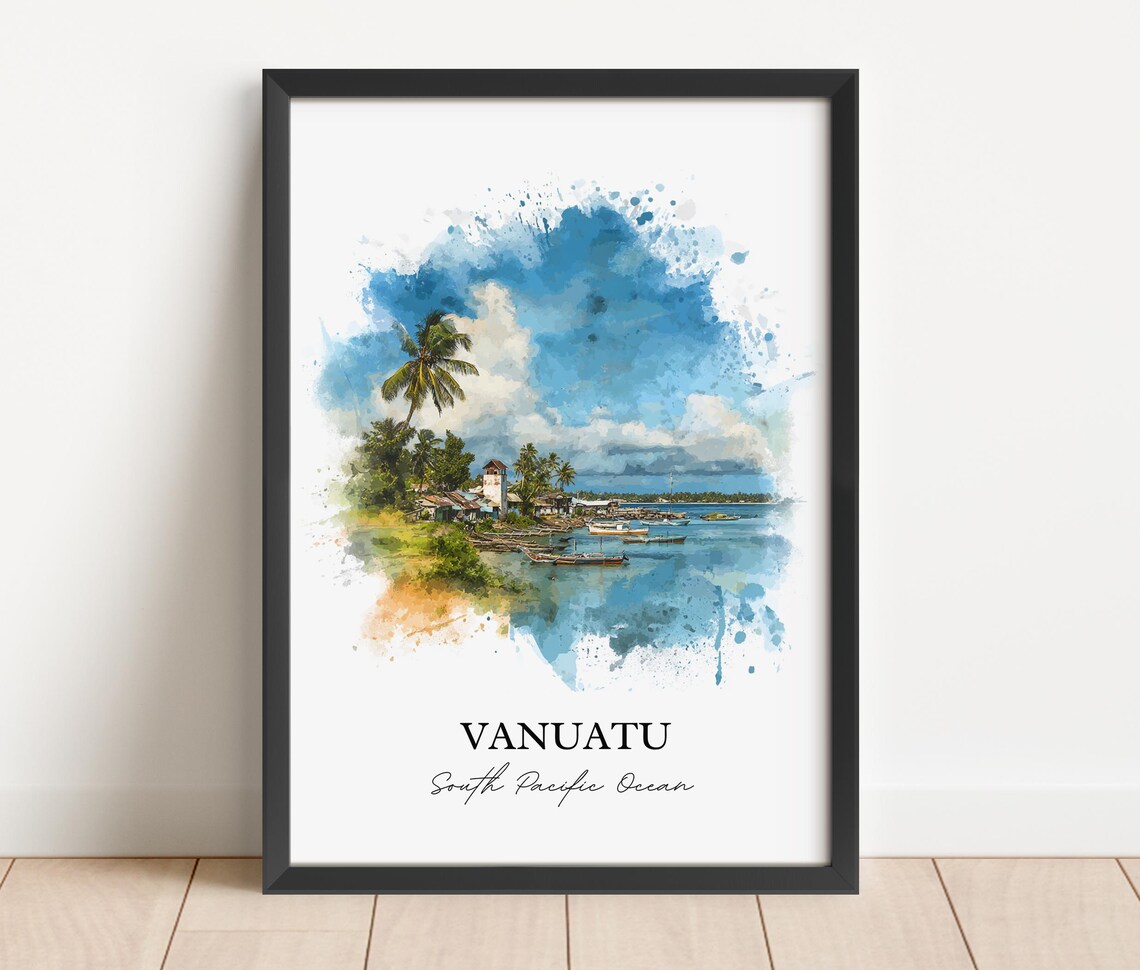 Vanuatu South Pacific Harbor Boats Watercolor Island Art Poster - Image 3