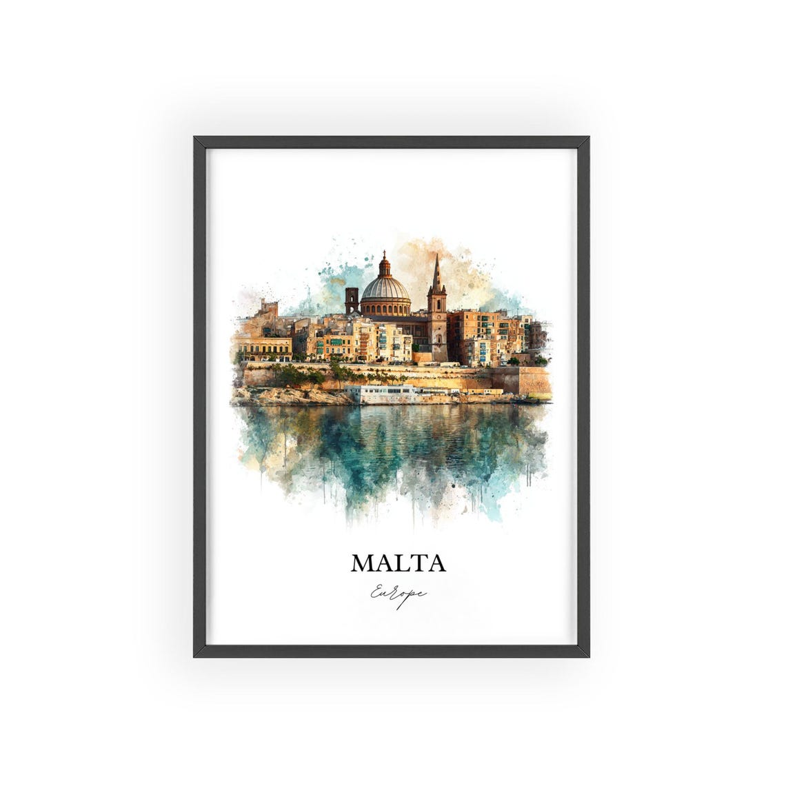 Malta Historic Harbor Skyline Watercolor Europe Travel Poster - Image 2