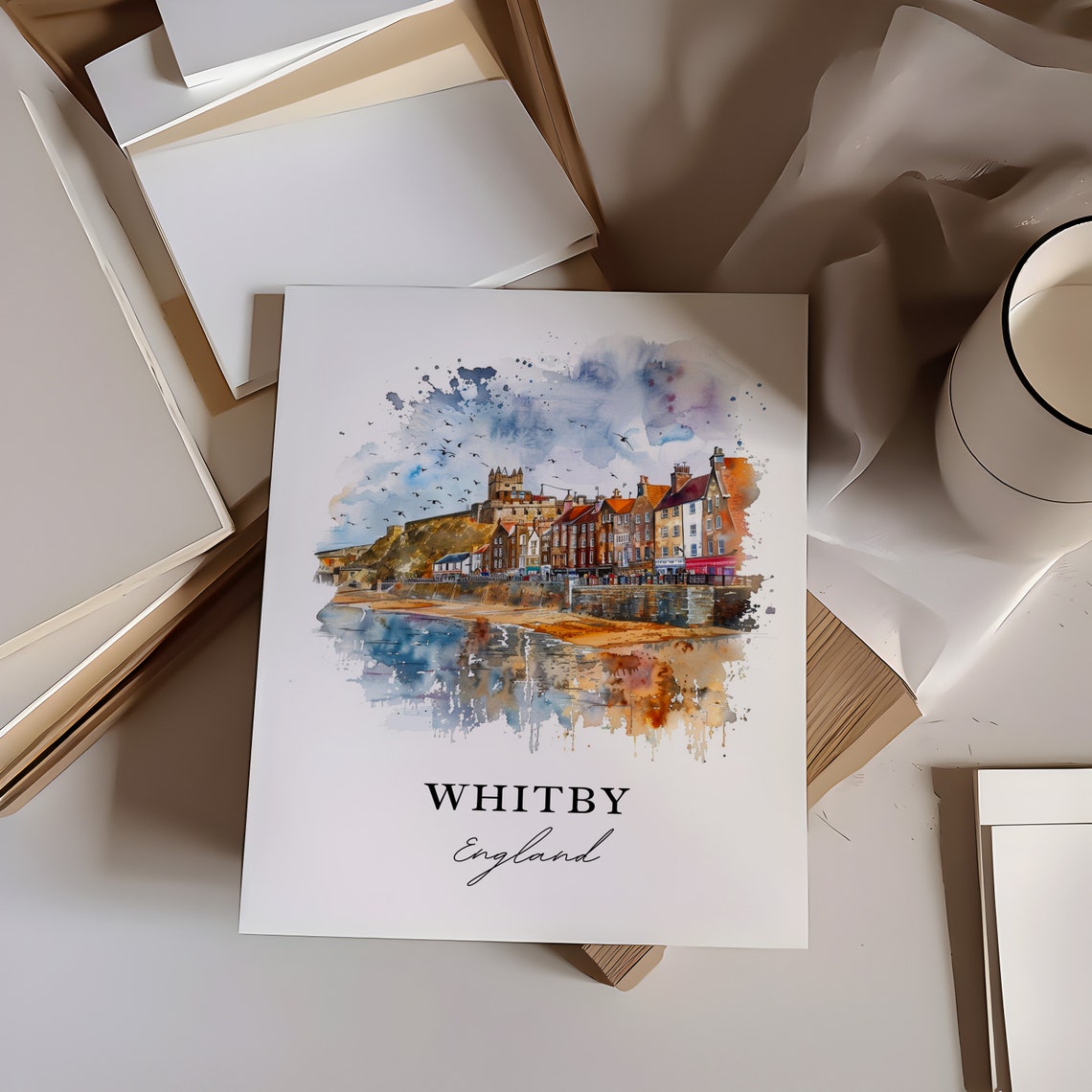 Whitby England Watercolor Harbor Town Abbey Cliff Reflection Poster - Image 2