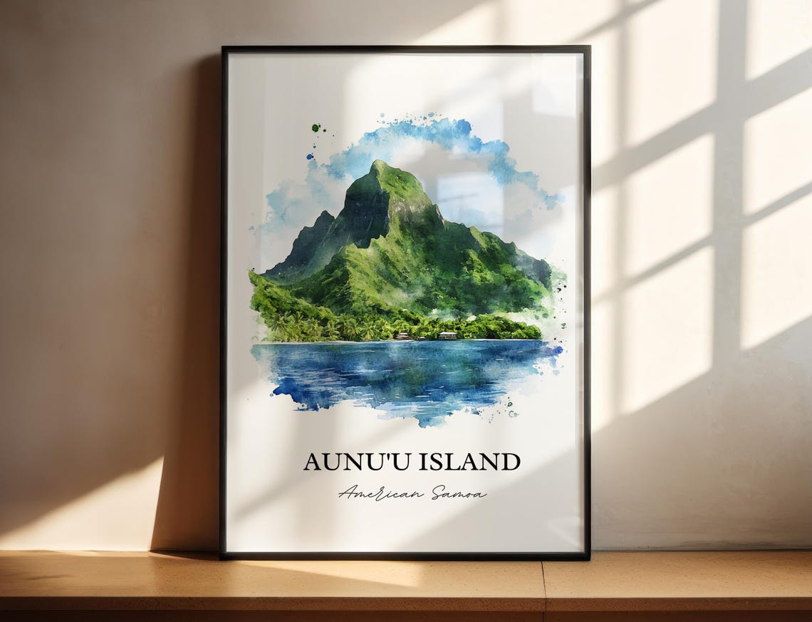 Aunuu Island American Samoa Volcanic Peak Lagoon Watercolor Poster